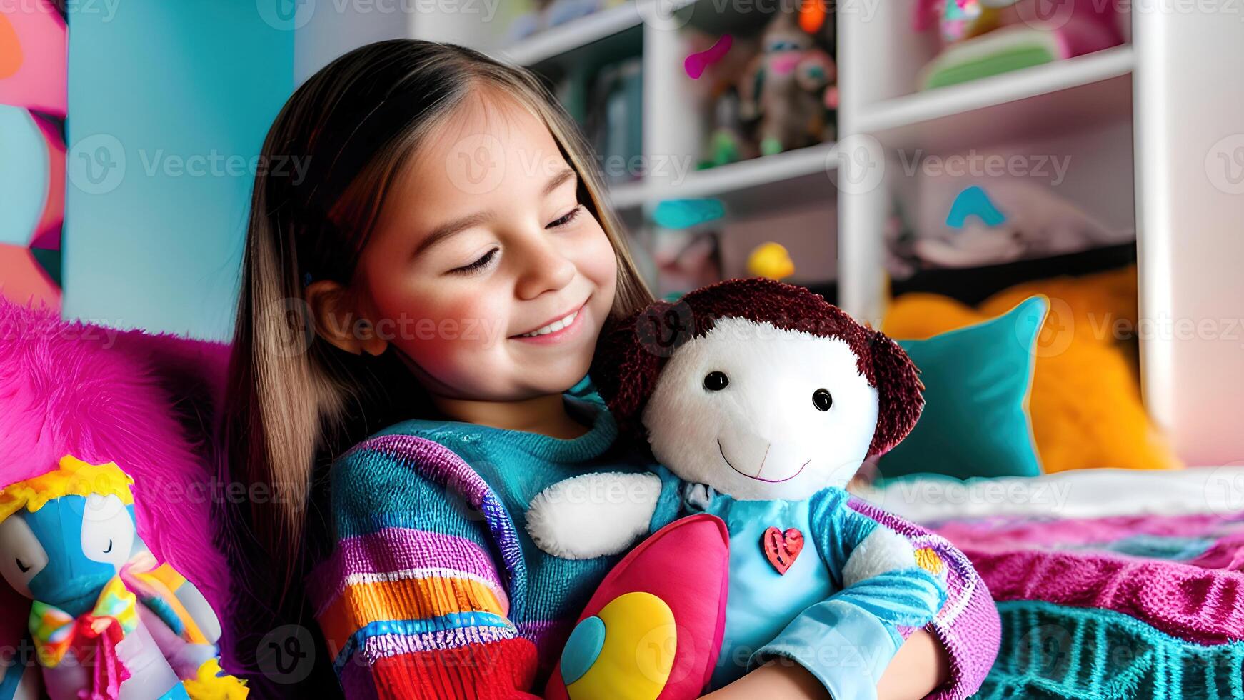 cute little girl hugging doll and smiling. photo