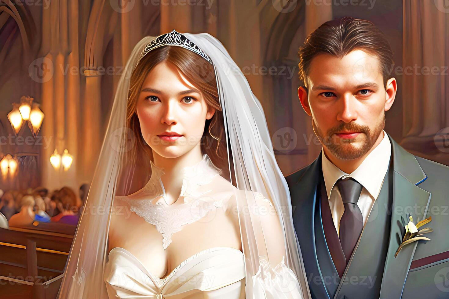 Portrait of happy bride and groom in church. Wedding concept. photo