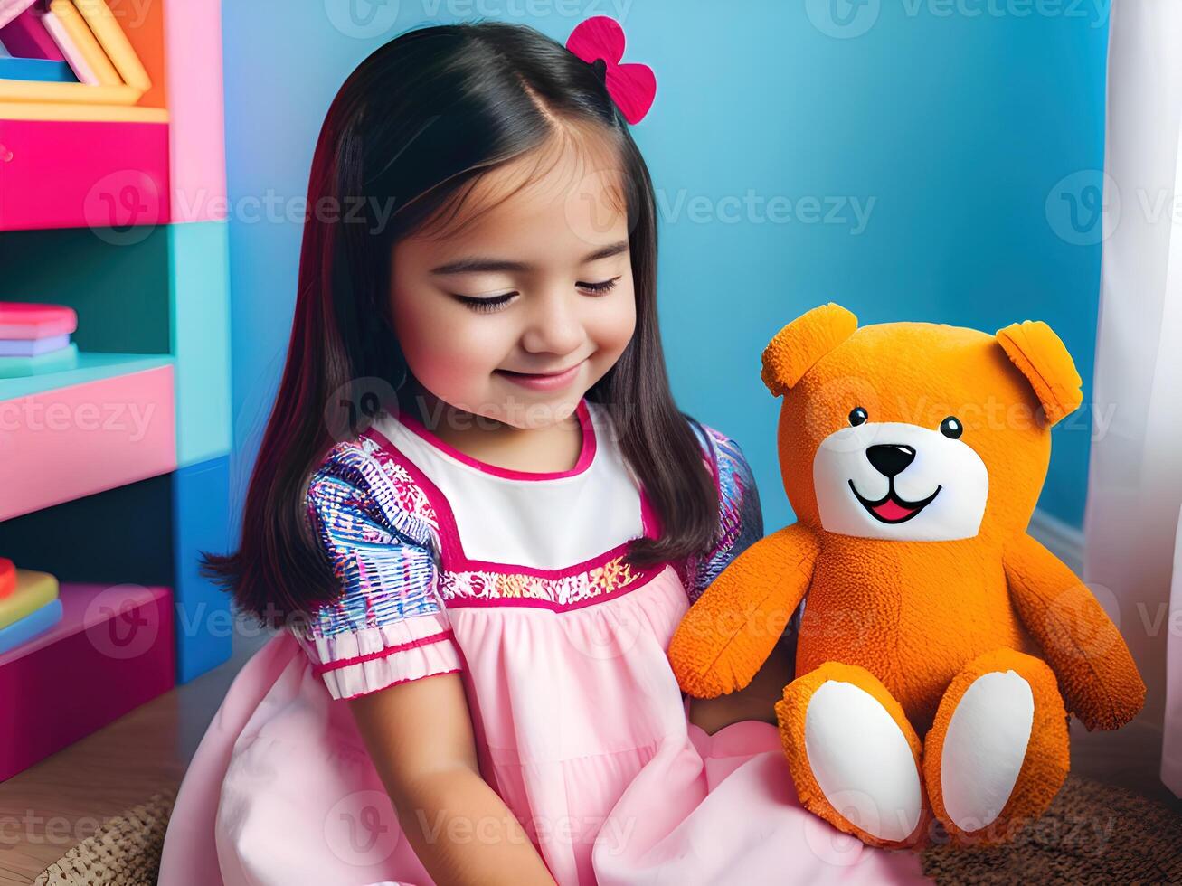 cute little girl hugging doll and smiling. photo