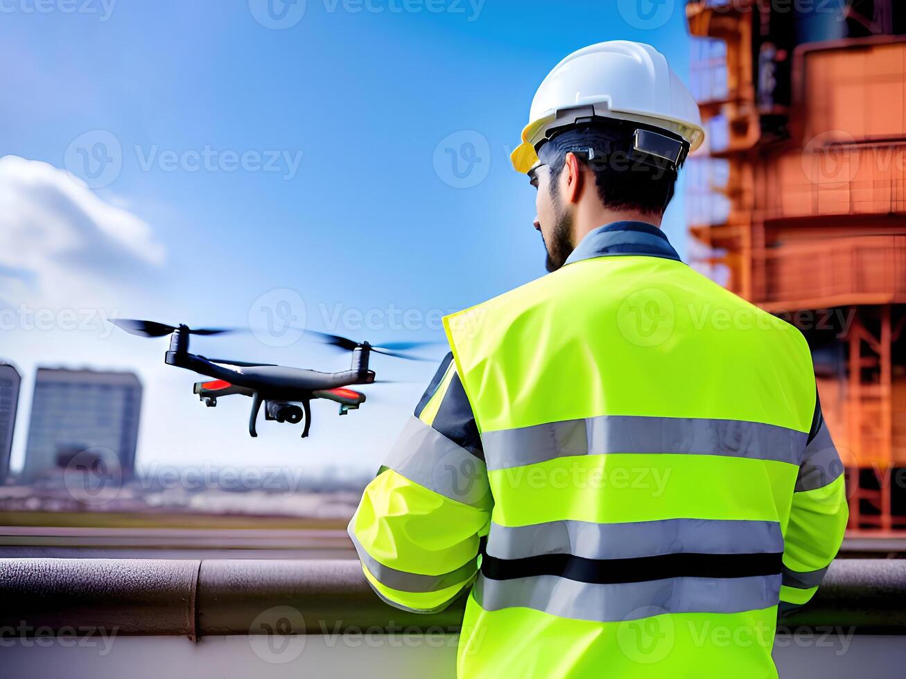 Rear view of a male worker operating a drone while standing on a building site. . photo
