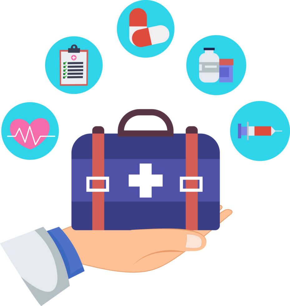 illustration doctor holding medicine bag and medical tools. illustration of a doctor hand holding a medicine bag png