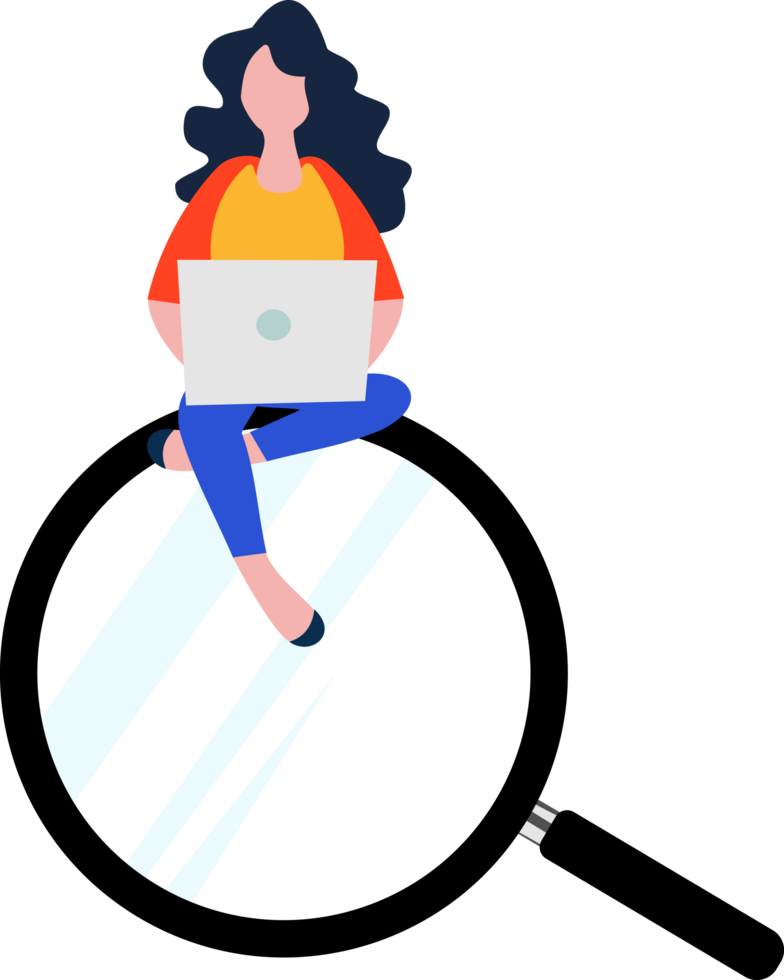 concept searching for information on the internet. a woman with a laptop is sitting on a large magnifying glass png