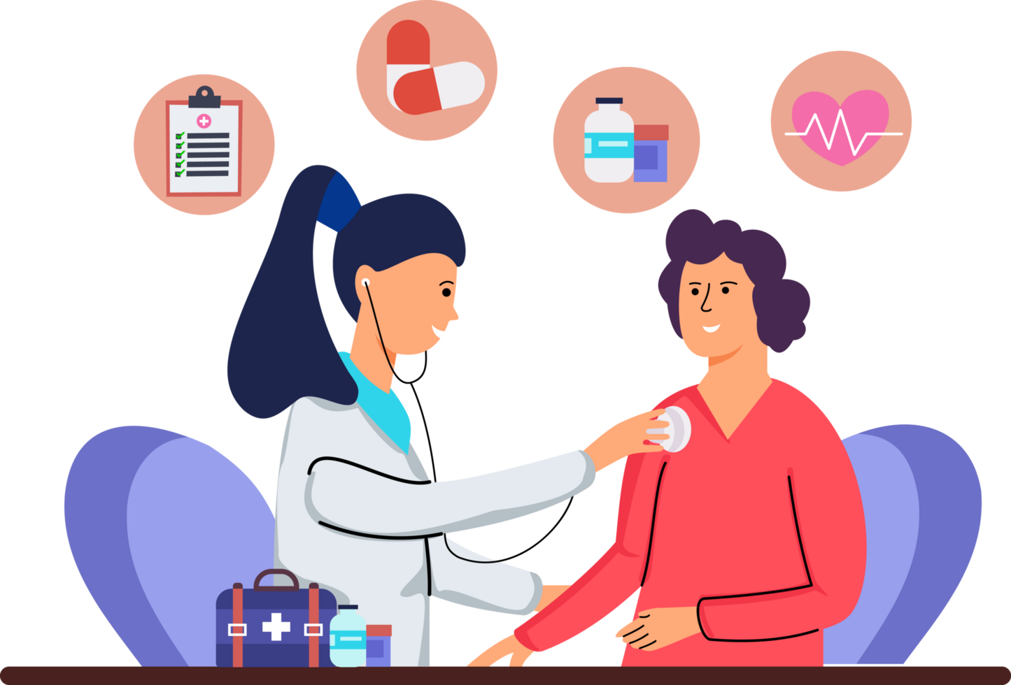 illustration of a female doctor examining a patient in a clinic. illustration of a female patient checking her health to the doctor png