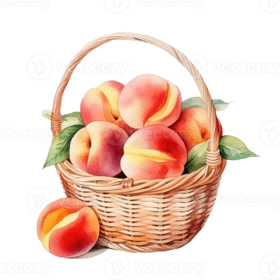 Watercolor peach in basket. Illustration png