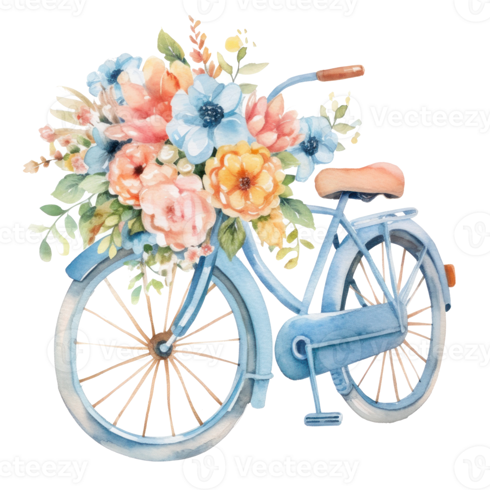 Cute watercolor bicycle with flowers. Illustration png