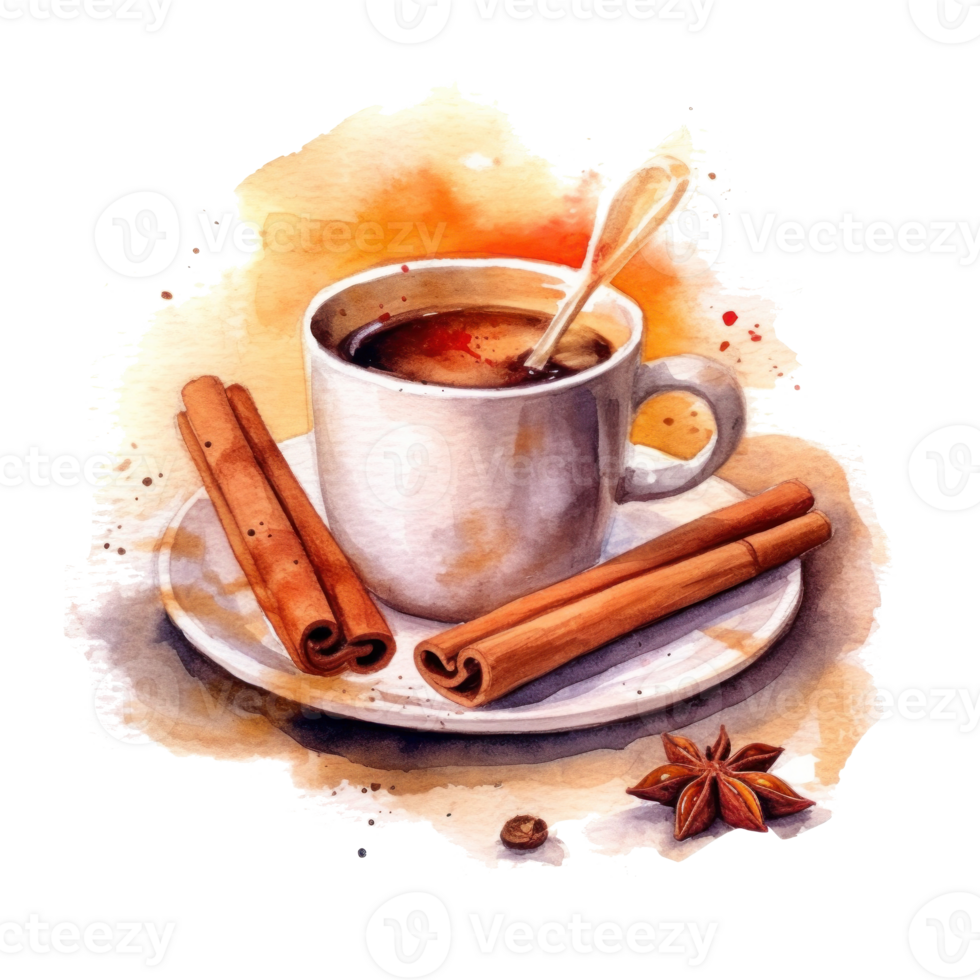 Watercolor coffee with cinnamon. Illustration png