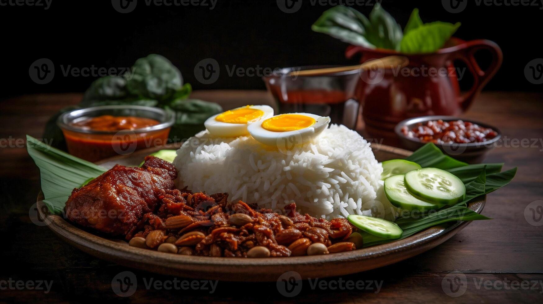 Traditional Nasi Lemak dish served on a banana leaf. photo