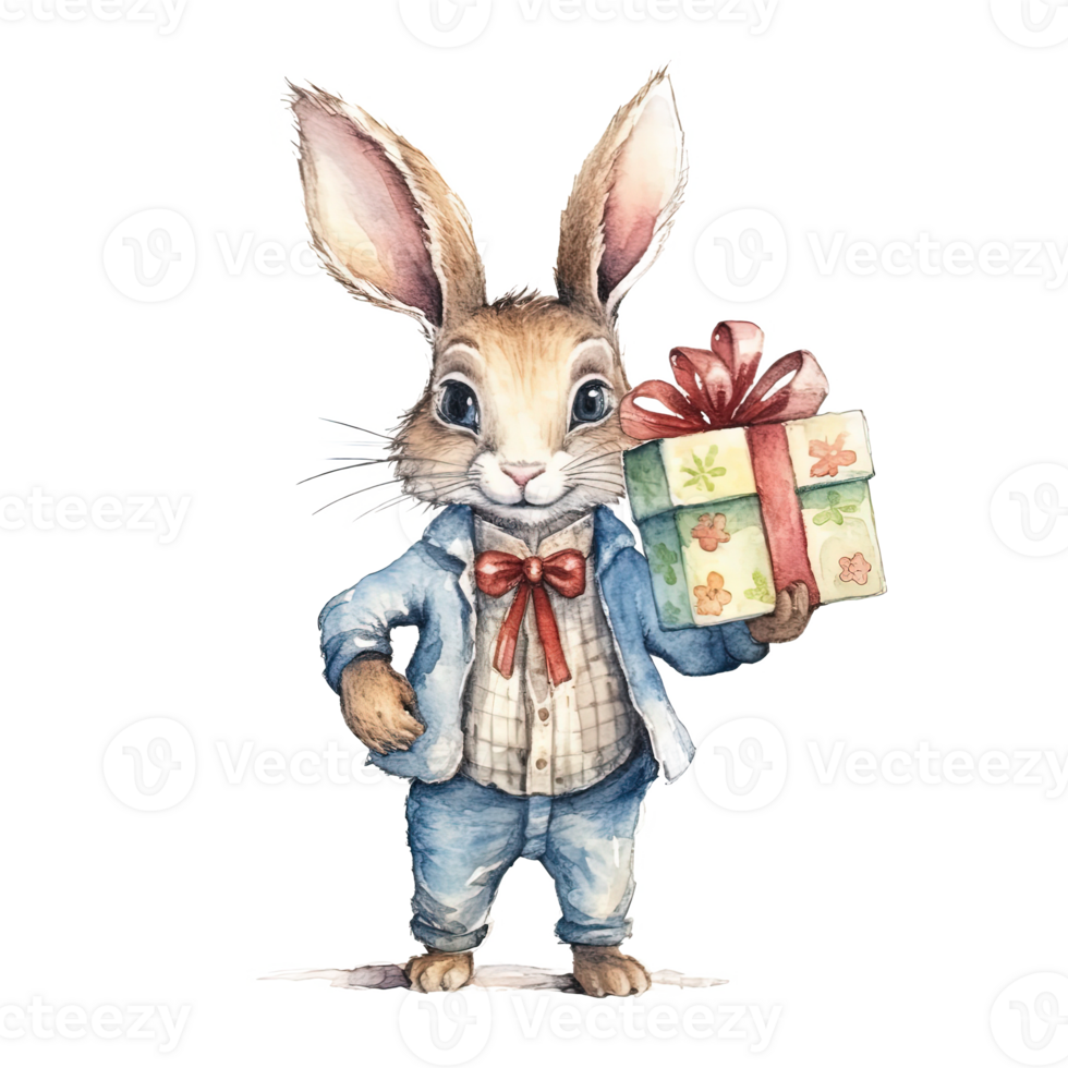 Watercolor rabbit with gift box. Illustration png