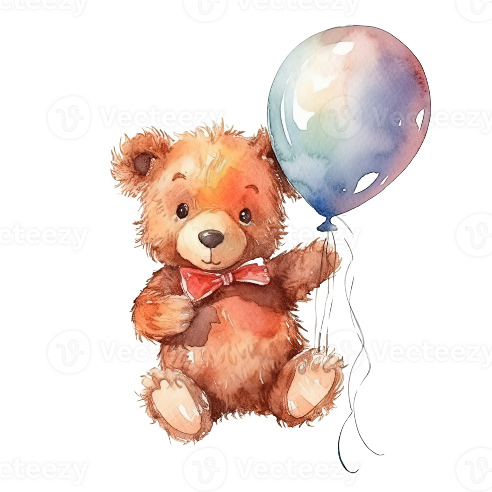 Watercolor teddy bear with balloons. Illustration png