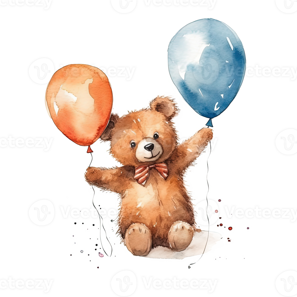 Watercolor teddy bear with balloons. Illustration png