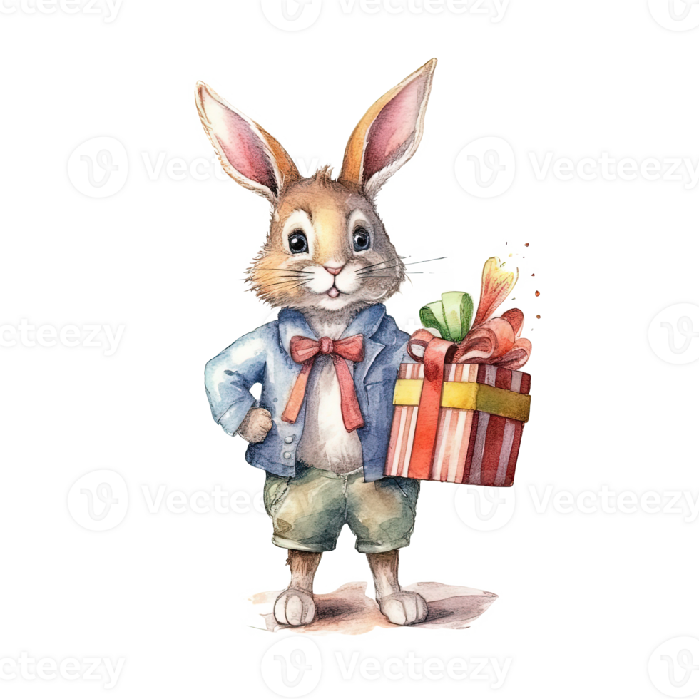 Watercolor rabbit with gift box. Illustration png