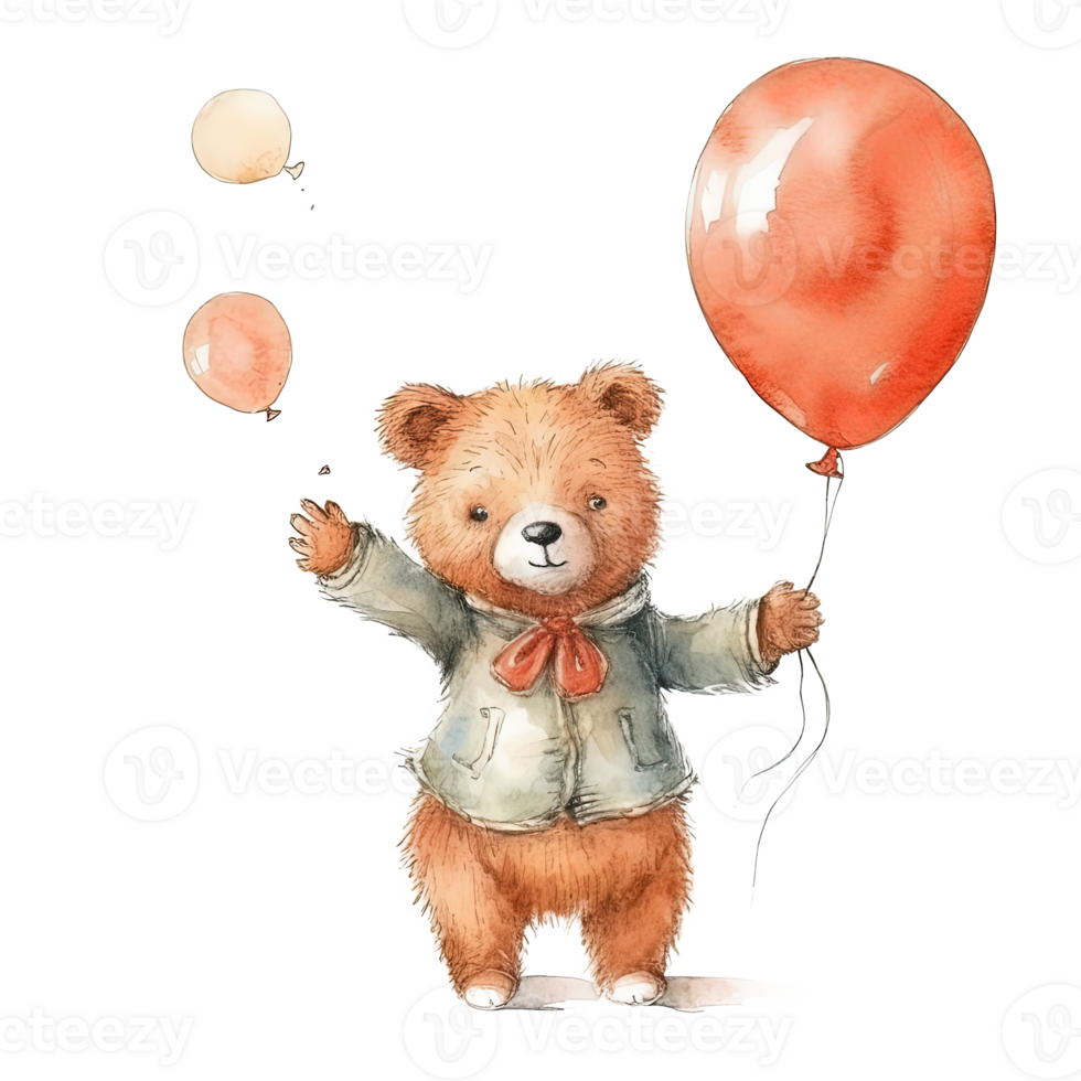 Watercolor teddy bear with balloons. Illustration png