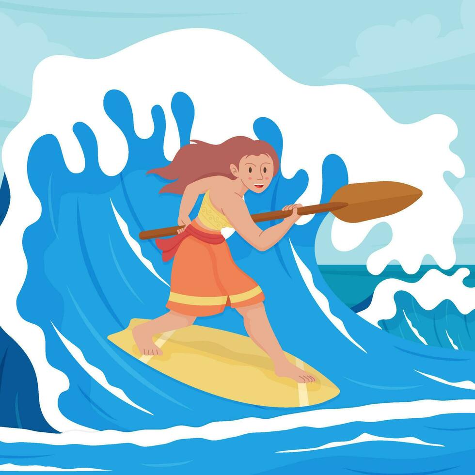 Hawaiian Girl Surfing on the Beach Concept vector