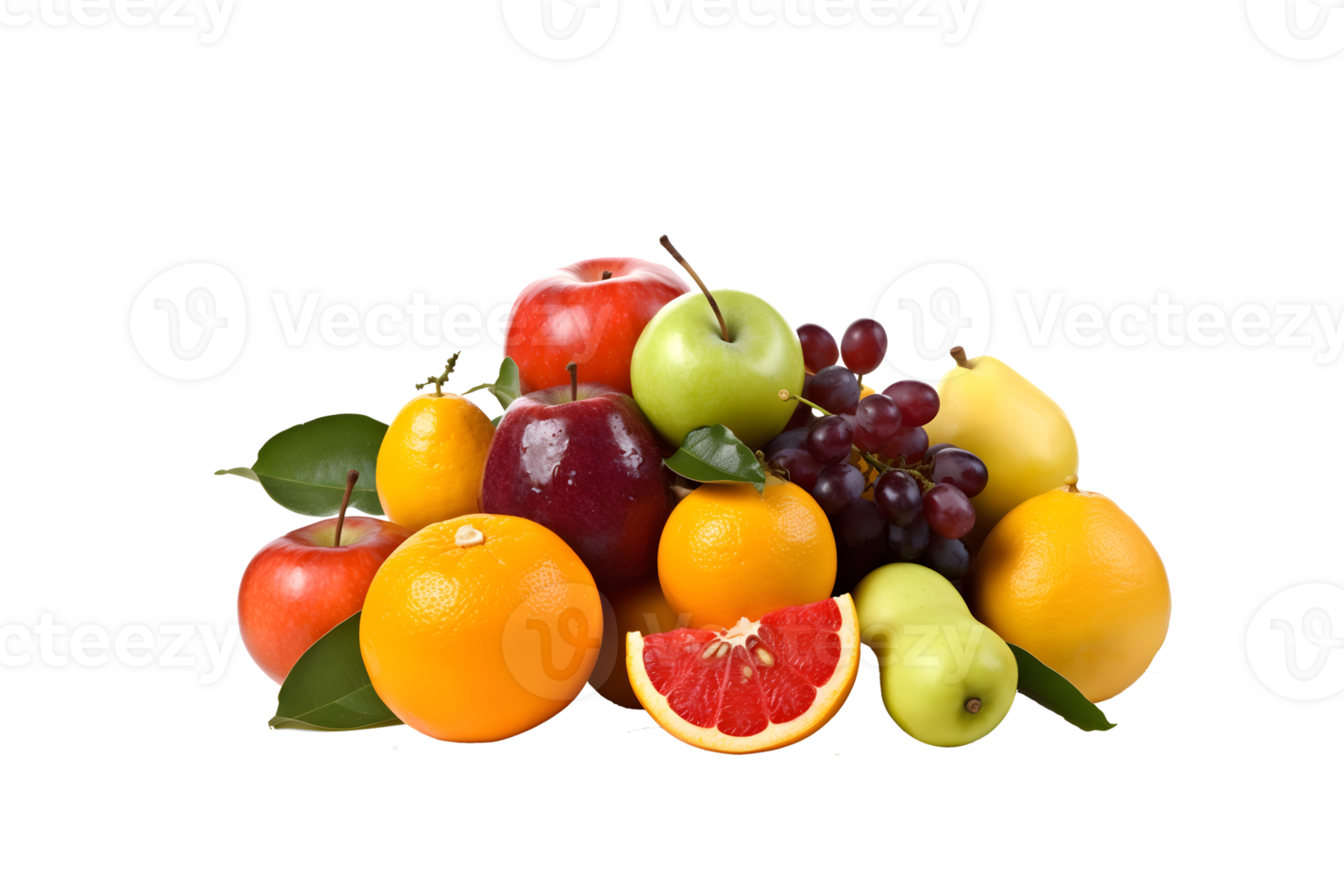 colorful assortment of fresh fruits, including apples, oranges, and grapes, arranged on a transparent background. png
