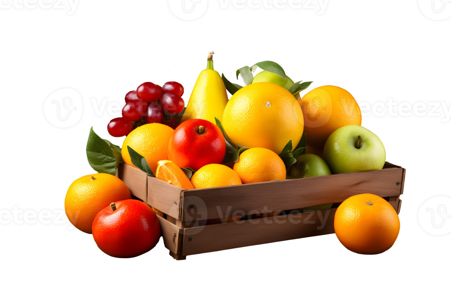 A variety of fresh fruits, including apples, oranges, and grapes, arranged on a wooden box placed on a transparent background. png