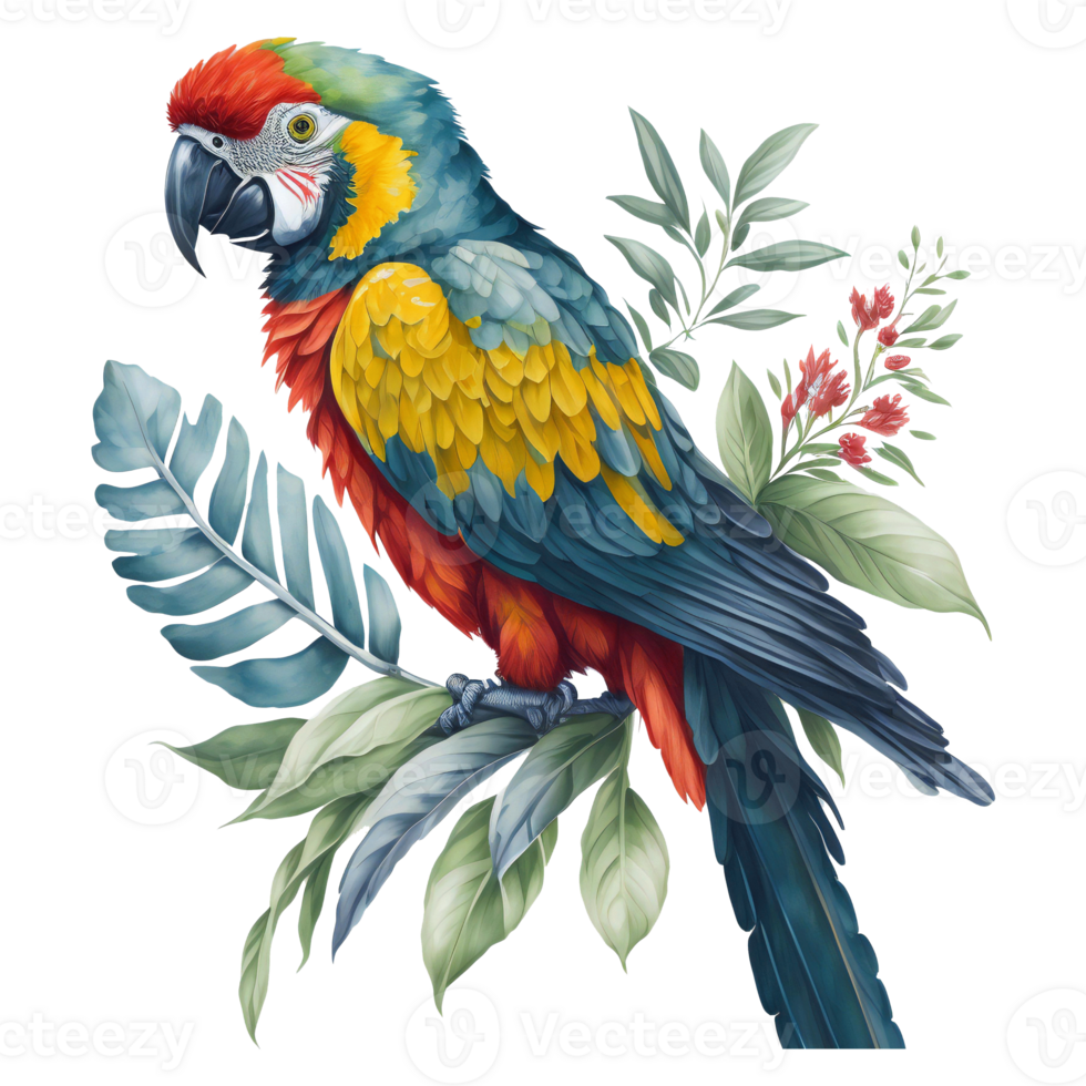 aguarela papagaio clipart, sul americano papagaio com tropical folhas, fofa papagaio arte transparente png