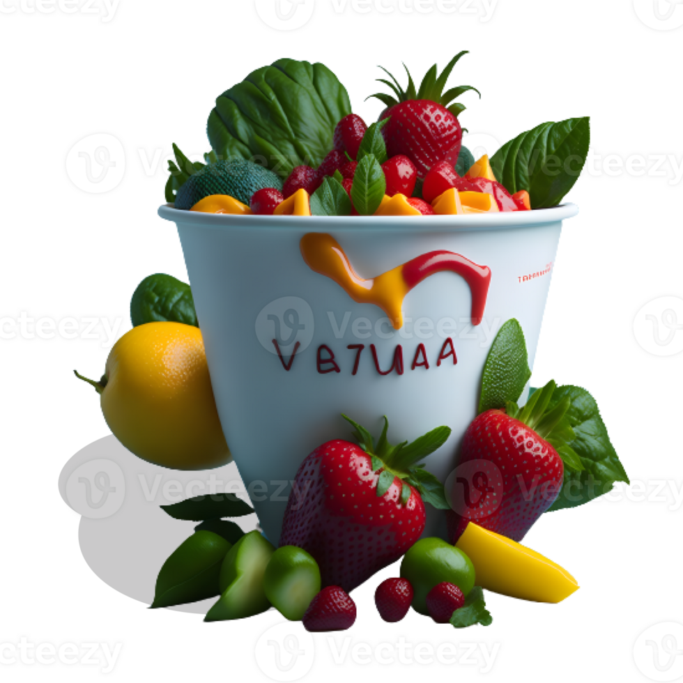 Fresh fruits and vegetables in a bucket on a transparent background. Healthy food concept png