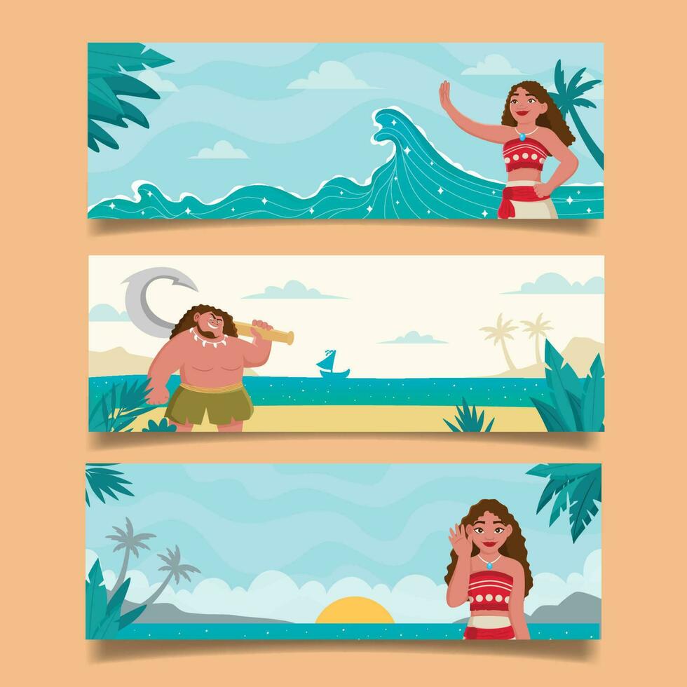 Hawaiian Girl and Her Friend in the Beach Banner Set vector