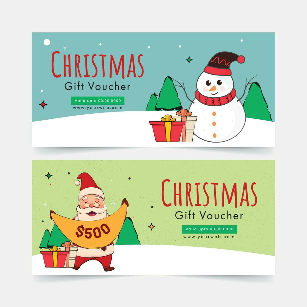 Christmas Gift Voucher Banner Layout With Cute Santa Claus, Snowman, Gift Boxes And Xmas Tree. vector