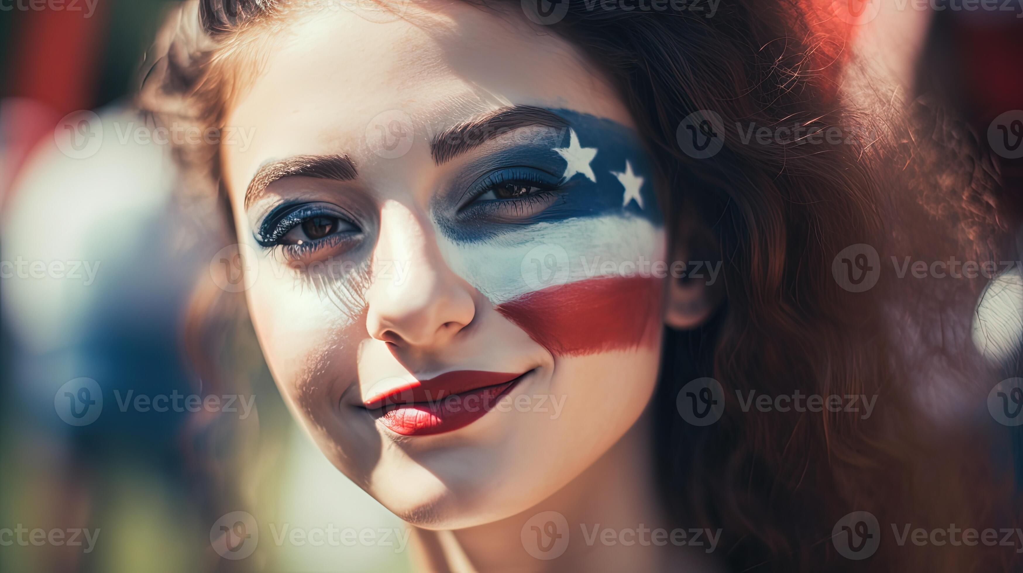 Stunning Looking National Lover Woman Face Painted or Makeup USA Flag Color. 4th July