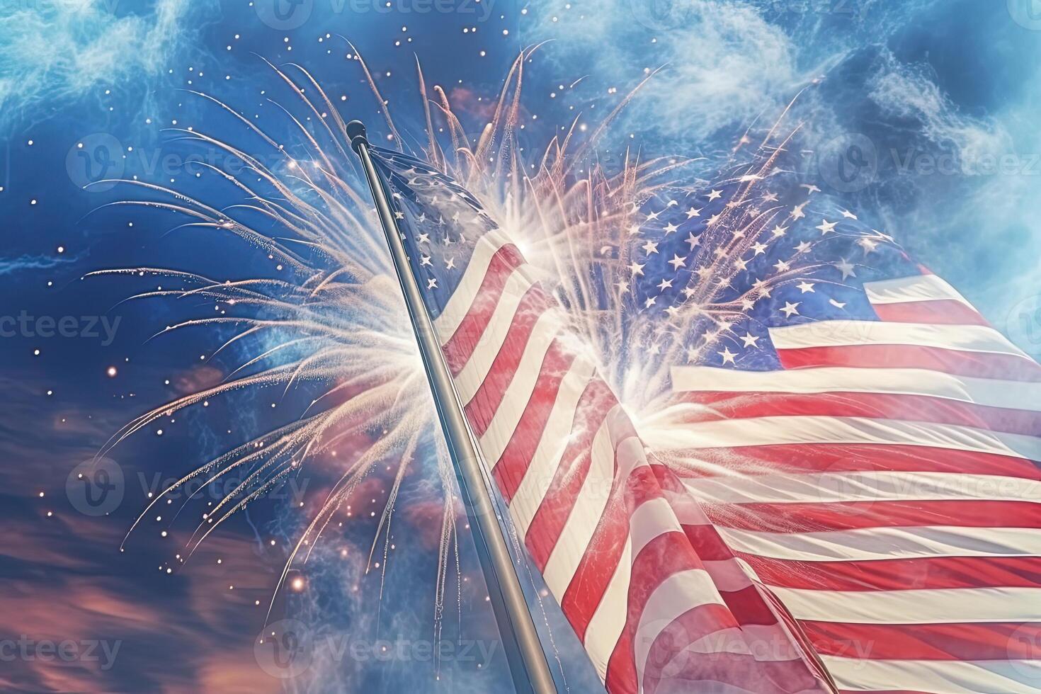 Patriotic Spirit of the United State, An American Flag Unfurled Against Background of Fireworks Celebrating Independence Day. Technology. photo