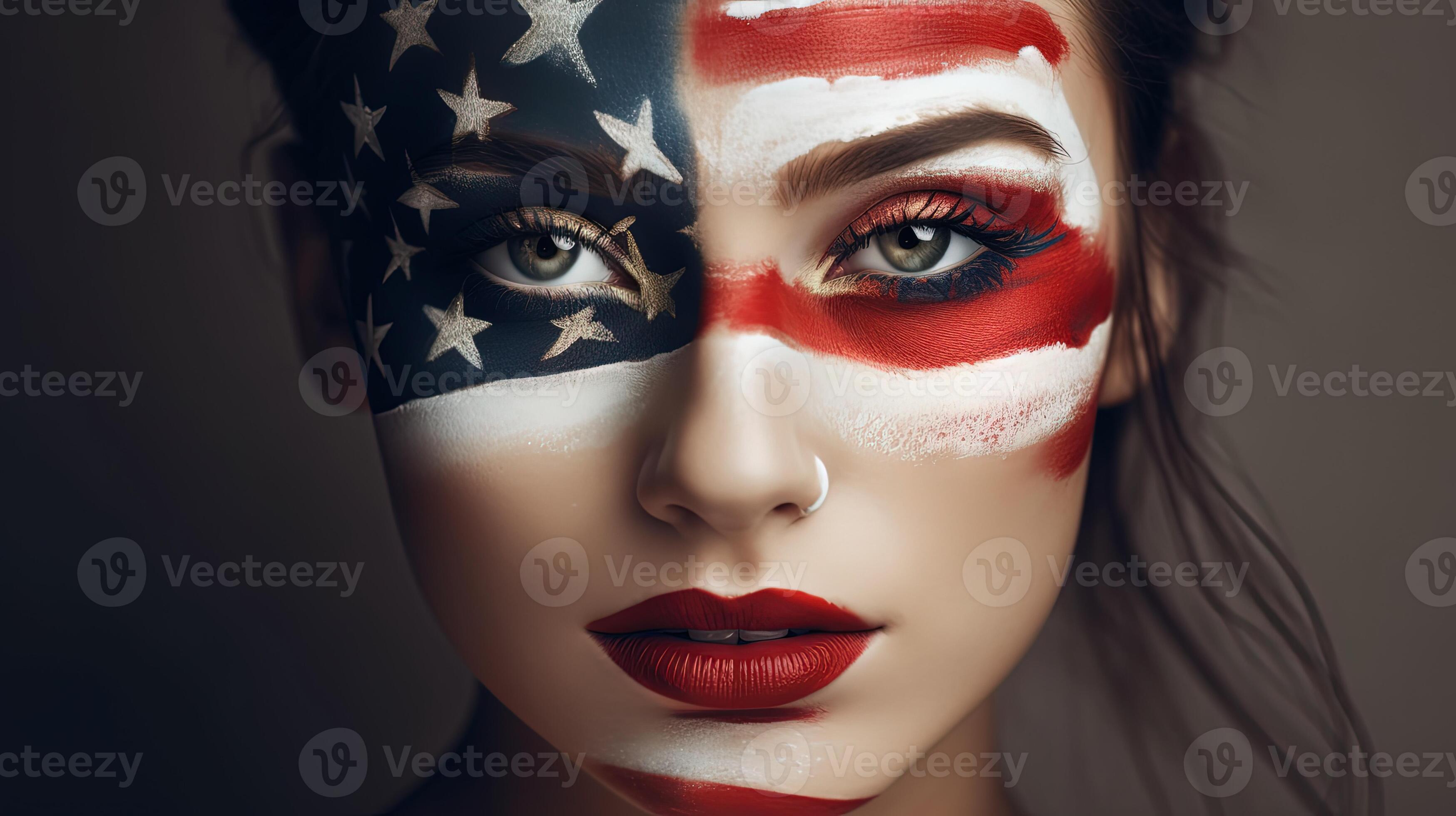 Stunning Looking National Lover Woman Face Painted or Makeup USA Flag Color. 4th July