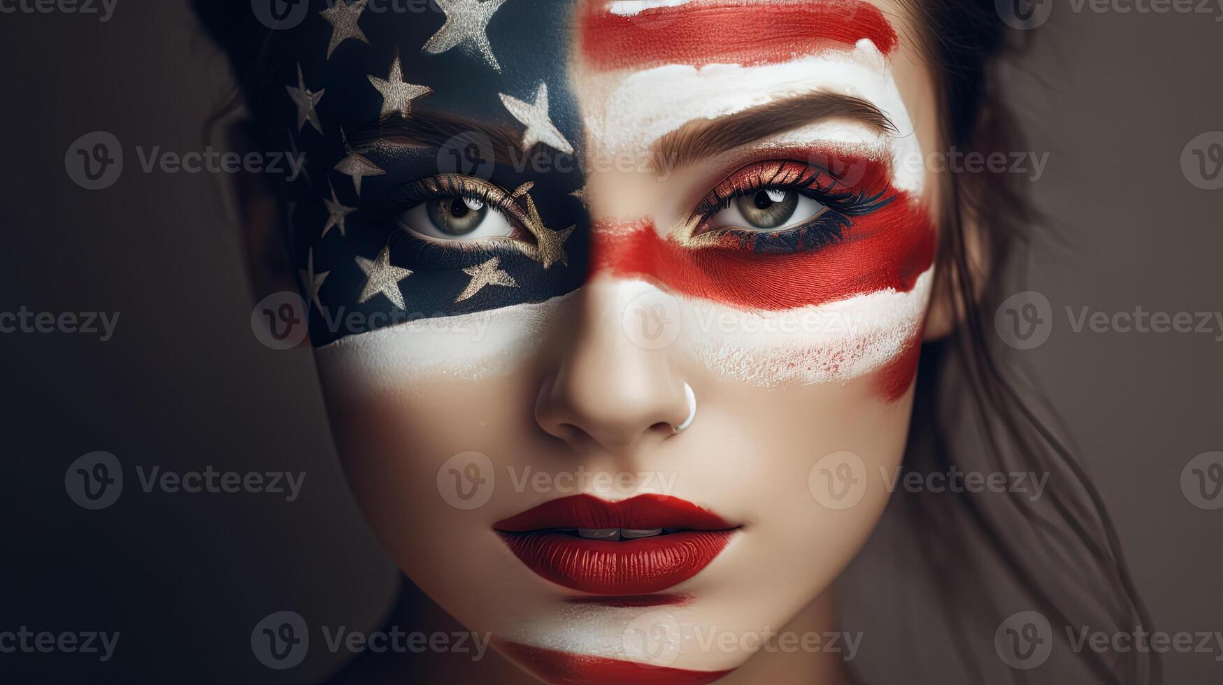 maravilloso mirando nacional amante mujer cara pintado o maquillaje Estados Unidos bandera color. 4to julio independencia día o americano evento celebracion imagen. foto