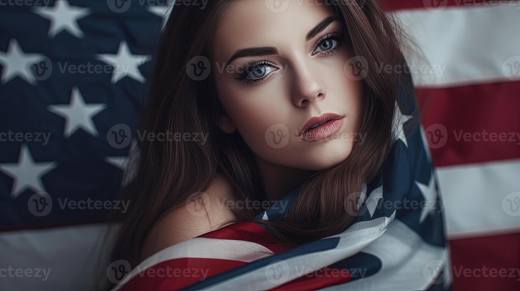 Striking Photo of Gorgeous Looking Woman In USA Flag. 4Th July Independance Day or American Event Celebration Concept.