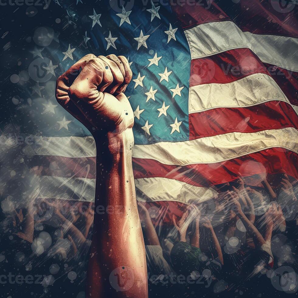 Closeup Photography of Raising Human Fist Against Abstract USA National Flag Background, Concept of Protest Resistance, Standing Up for Beliefs Fighting and Justice. . photo