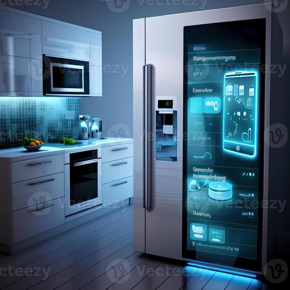 Kitchen with smart appliances with display screen and a smart oven with voice-controlled settings, concept of Smart Home and Artificial Intelligence, created with technology photo