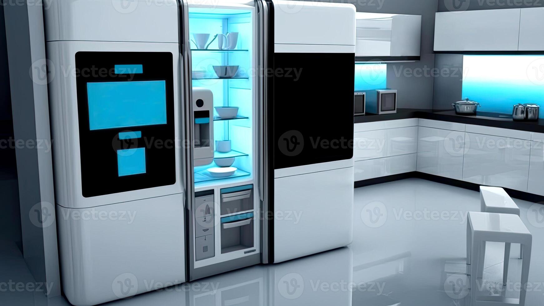 Kitchen with smart appliances with display screen and a smart oven with voice-controlled settings, concept of Smart Home and Artificial Intelligence, created with technology photo