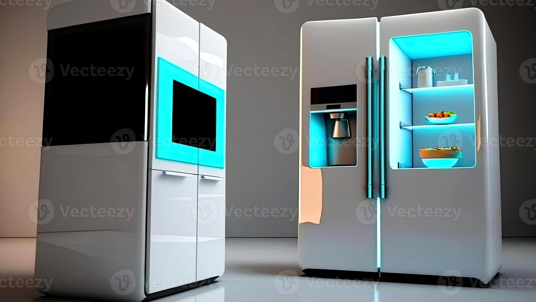Kitchen with smart appliances with display screen and a smart oven with voice-controlled settings, concept of Smart Home and Artificial Intelligence, created with technology photo