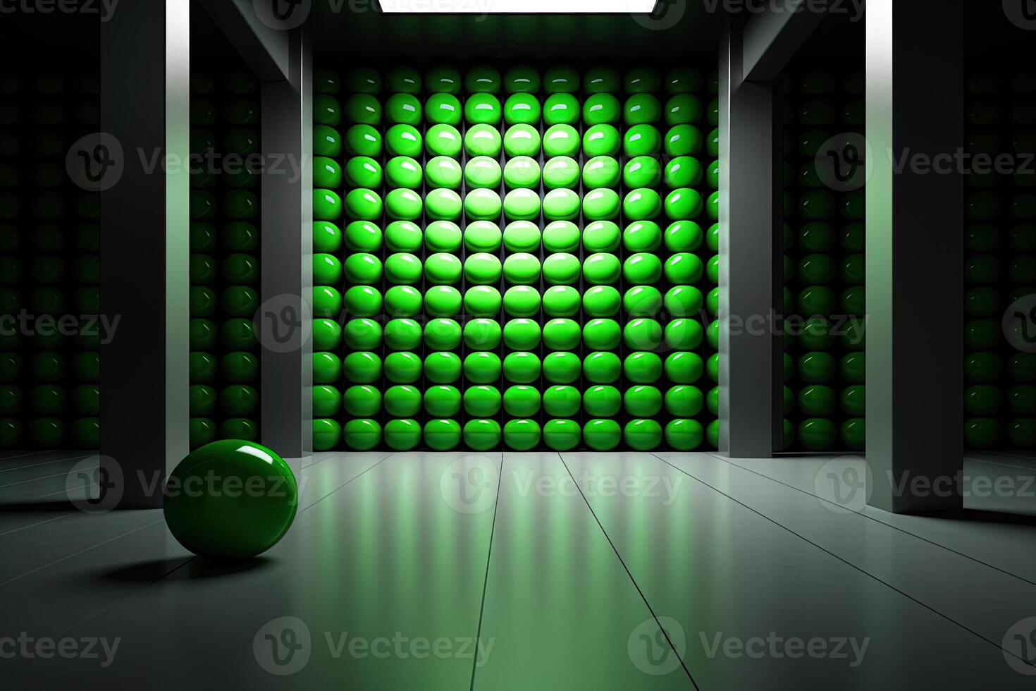 Modern Contemporary Luxury Mural Interior Design a Combination of Green 3D Sphere or Circles Wallpaper in Dark Grey Empty Room. . photo