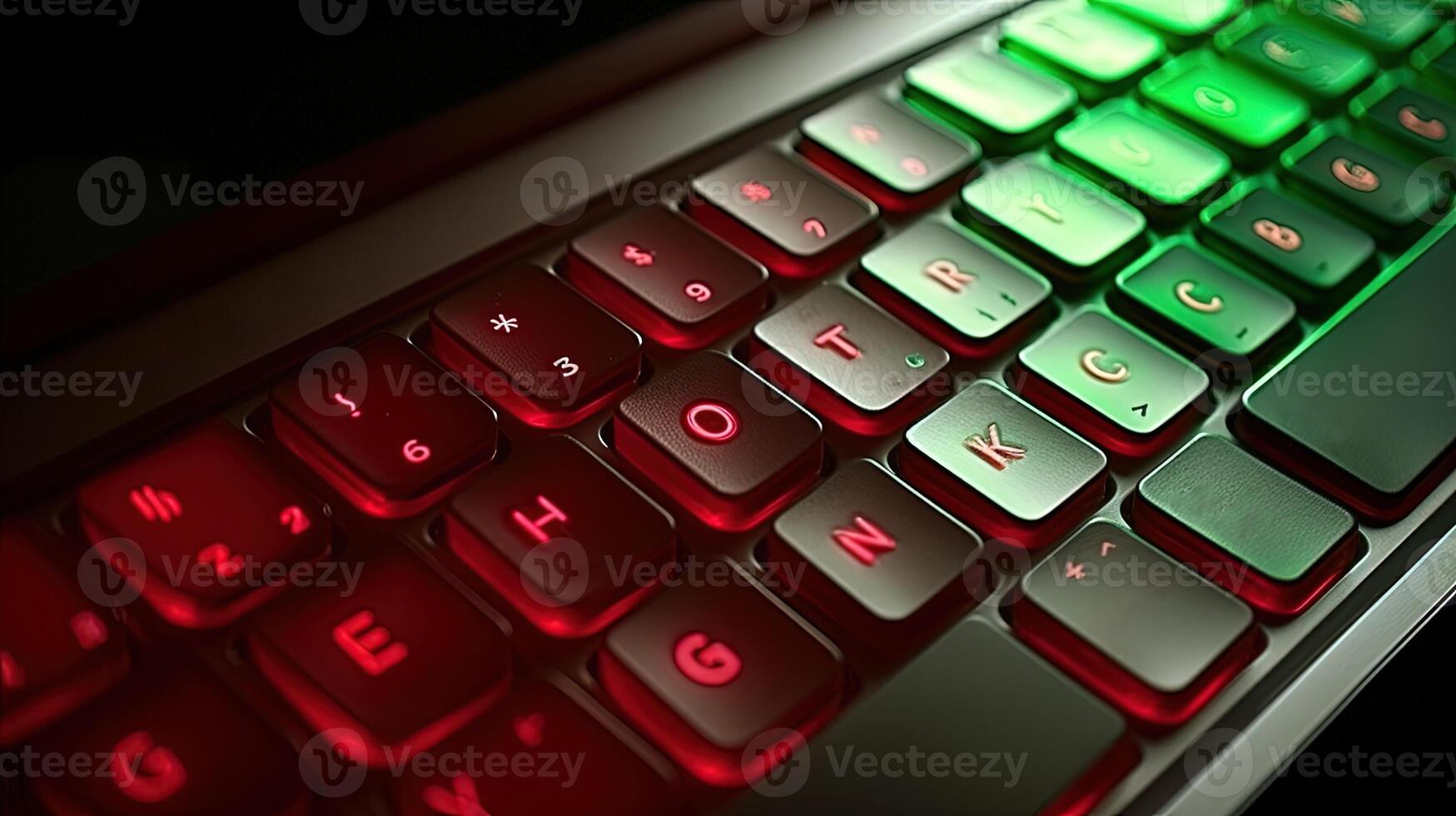 Red and Green Glowing Keyboard Light, Closeup. Digital Technology