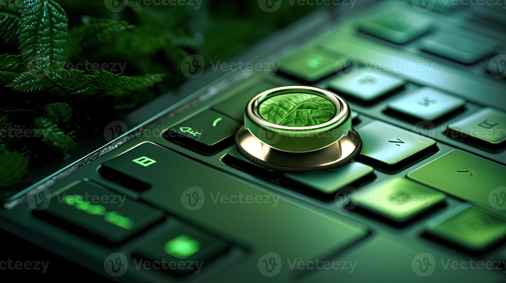 Eco Friendly or Green Technology Keyboard with Leaves at Dark Background. Created by . photo