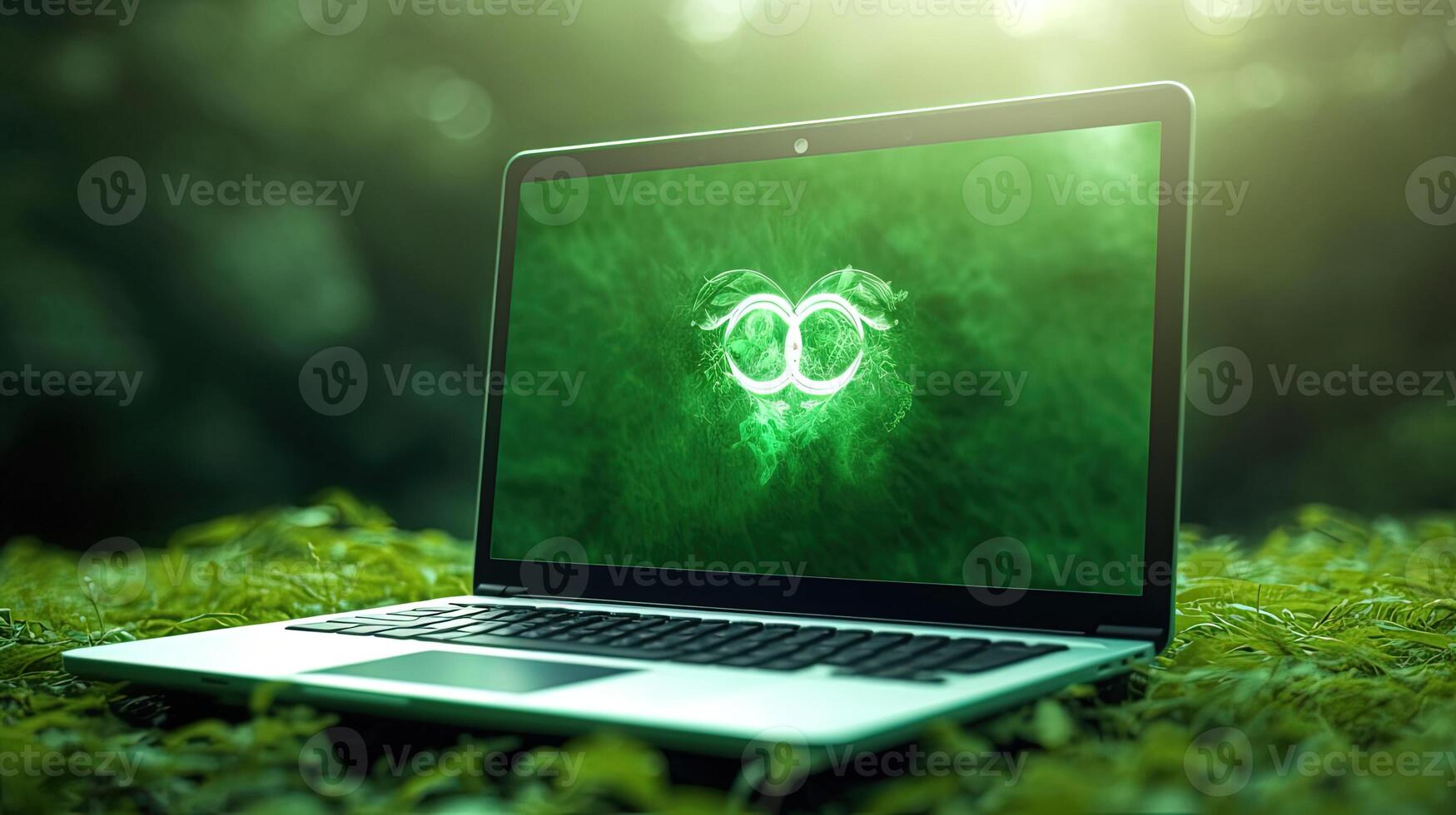 Eco Friendly or SDGS Green Technology Concept with Luminous Iinterlink Symbol Notebook Computer or Laptop on Shiny Leaves Background. Created By Technology. photo