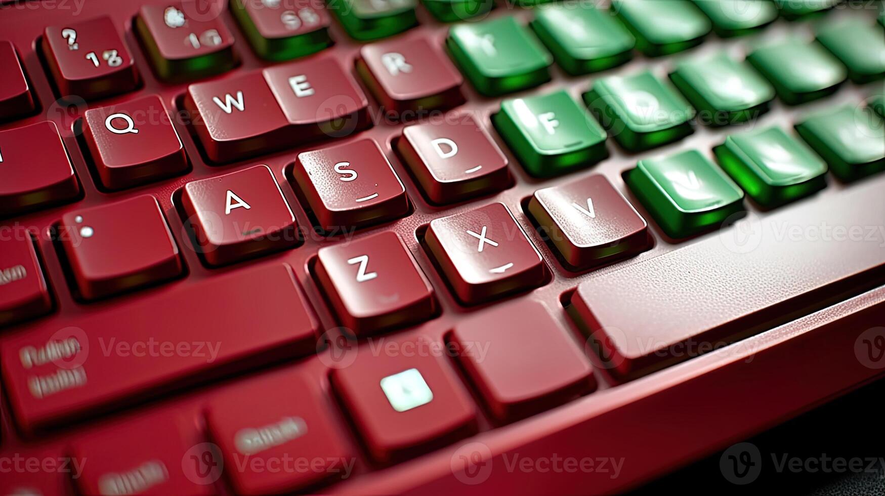 Red and Green Glowing Keyboard Light, Closeup. Digital Technology . photo