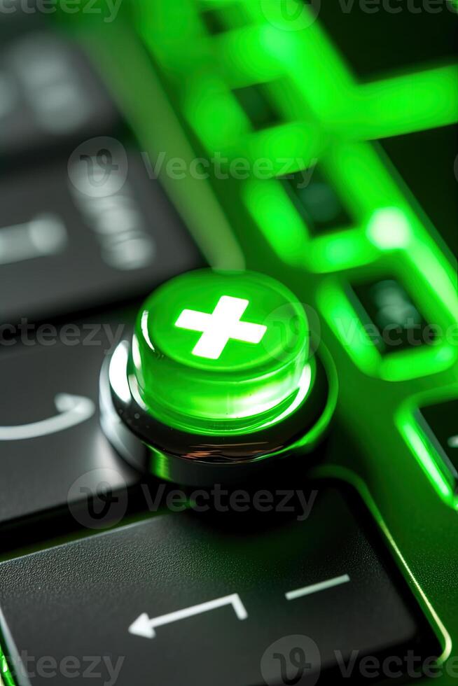 High Light Green Plus or Cross Symbol Button in Keyboard Digital Technology. photo