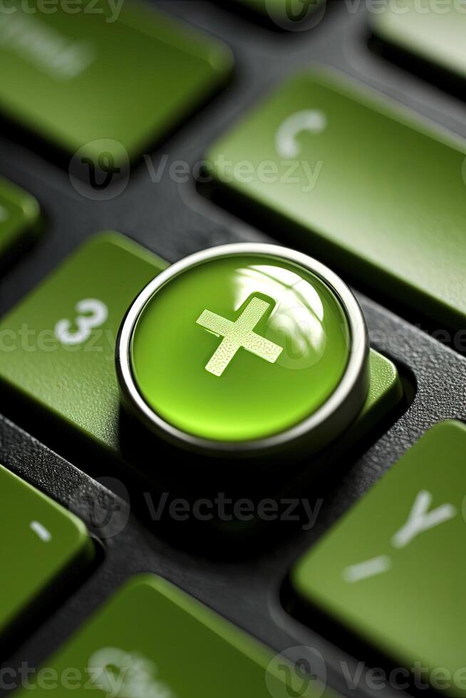 High Light Green Plus or Cross Symbol Button in Keyboard Digital Technology. photo