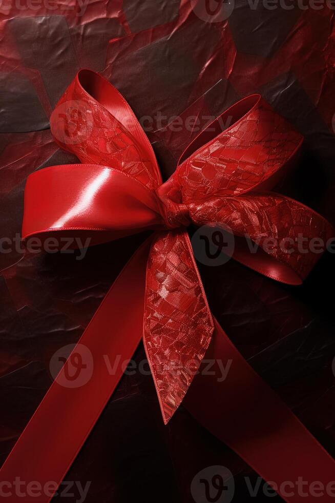 Red and Brown Crumpled Background with Shiny Bow Ribbon. . photo