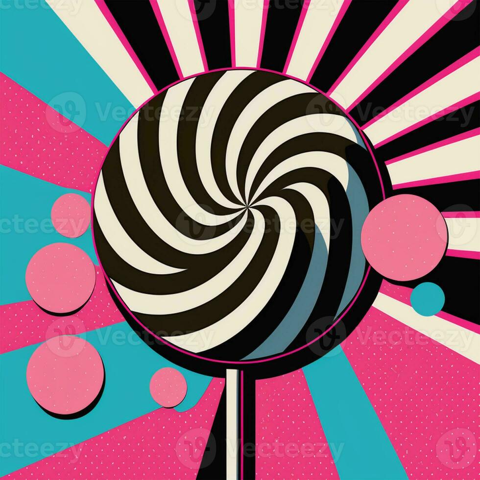Retro Colorful Rays Background With Candy or Lollipop. Pop Art Concept. photo