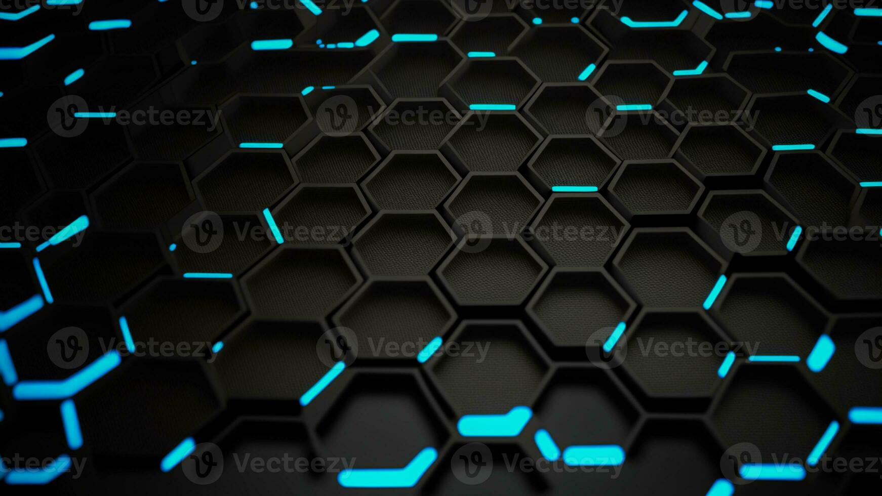 3D Render, Black Abstract Hexagonal Background With Cyan Neon Lights. photo