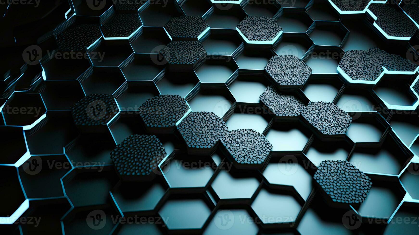 3D Render, Blue Abstract Hexagon Background With Neon Lights. photo