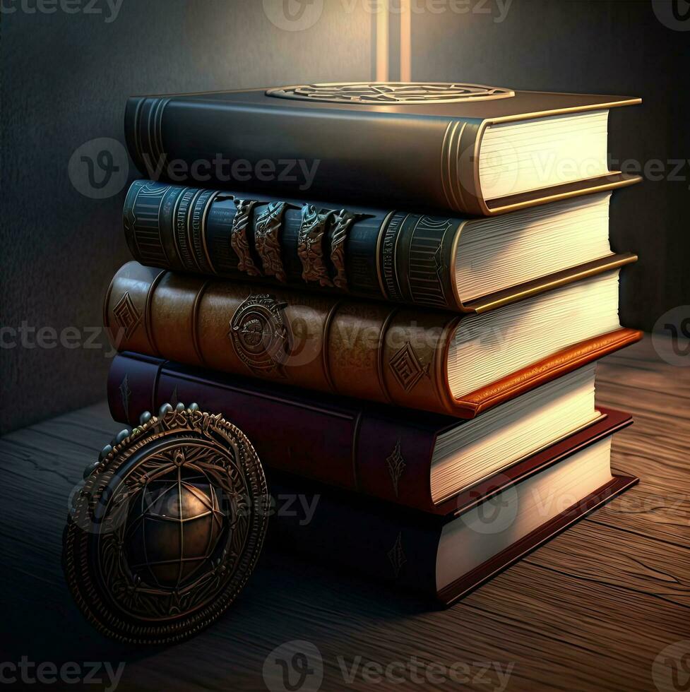 3D Render of Light Effect Vintage Books With Medieval Round On Wooden Background. photo