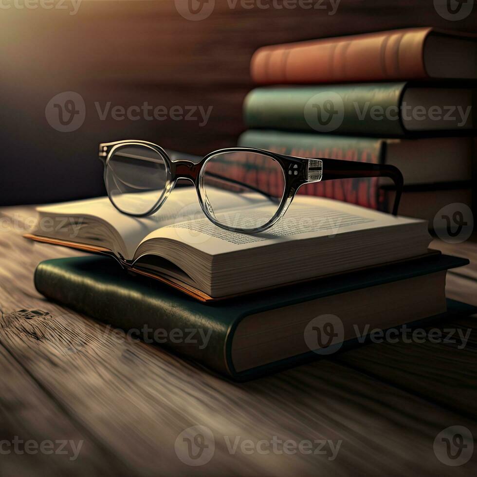 3D Render of Night Study Room Foreground With Eyeglasses And Books On Wooden Background. photo