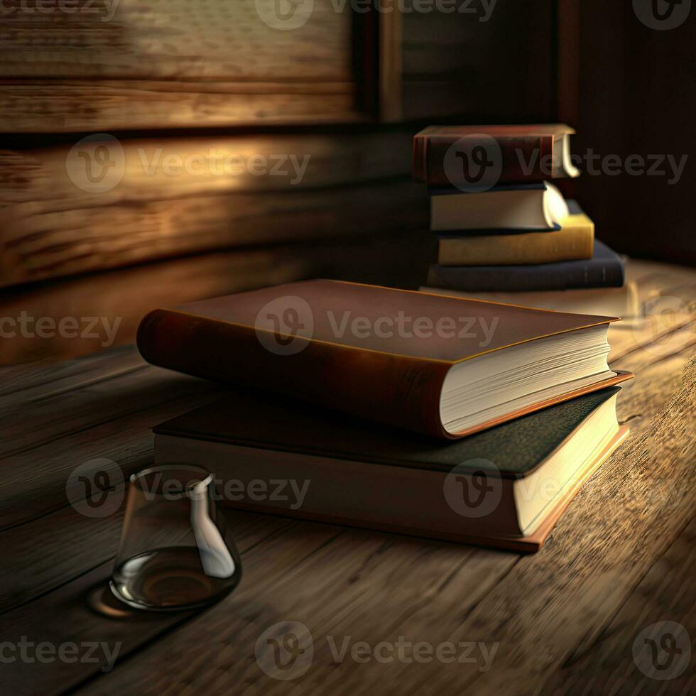 3D Render of Light Effect Wooden Study Room With Chemical Flask And Books. photo