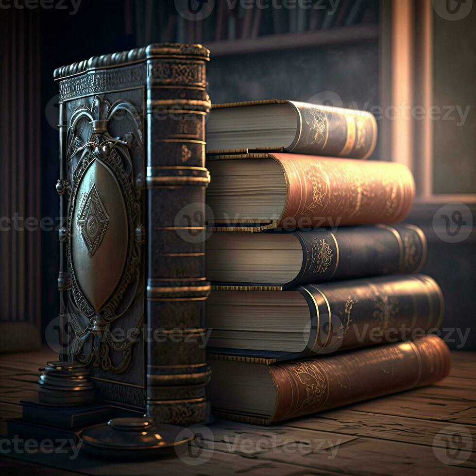 Close View Of Study Room, Vintage Books On Wooden Table. 3D Render. photo
