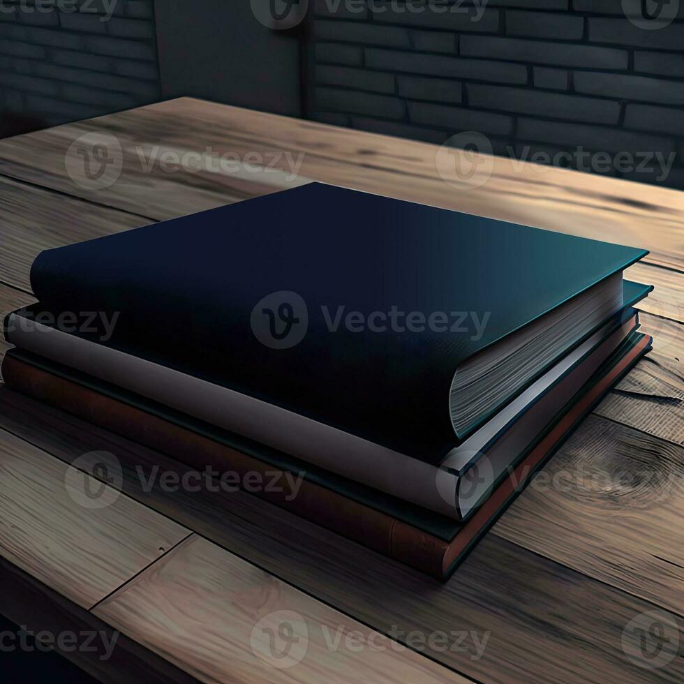 Close View Of Files Or Book Folders On Wooden Table Against Black Brick Wall. 3D Render. photo