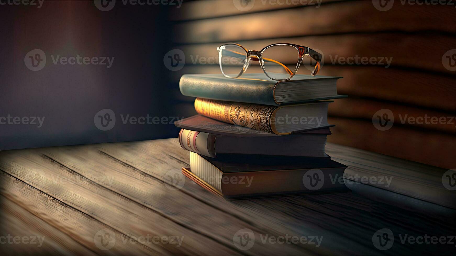 3D Render of Light Effect Brown Wooden Background With Eyeglasses And History Books. photo