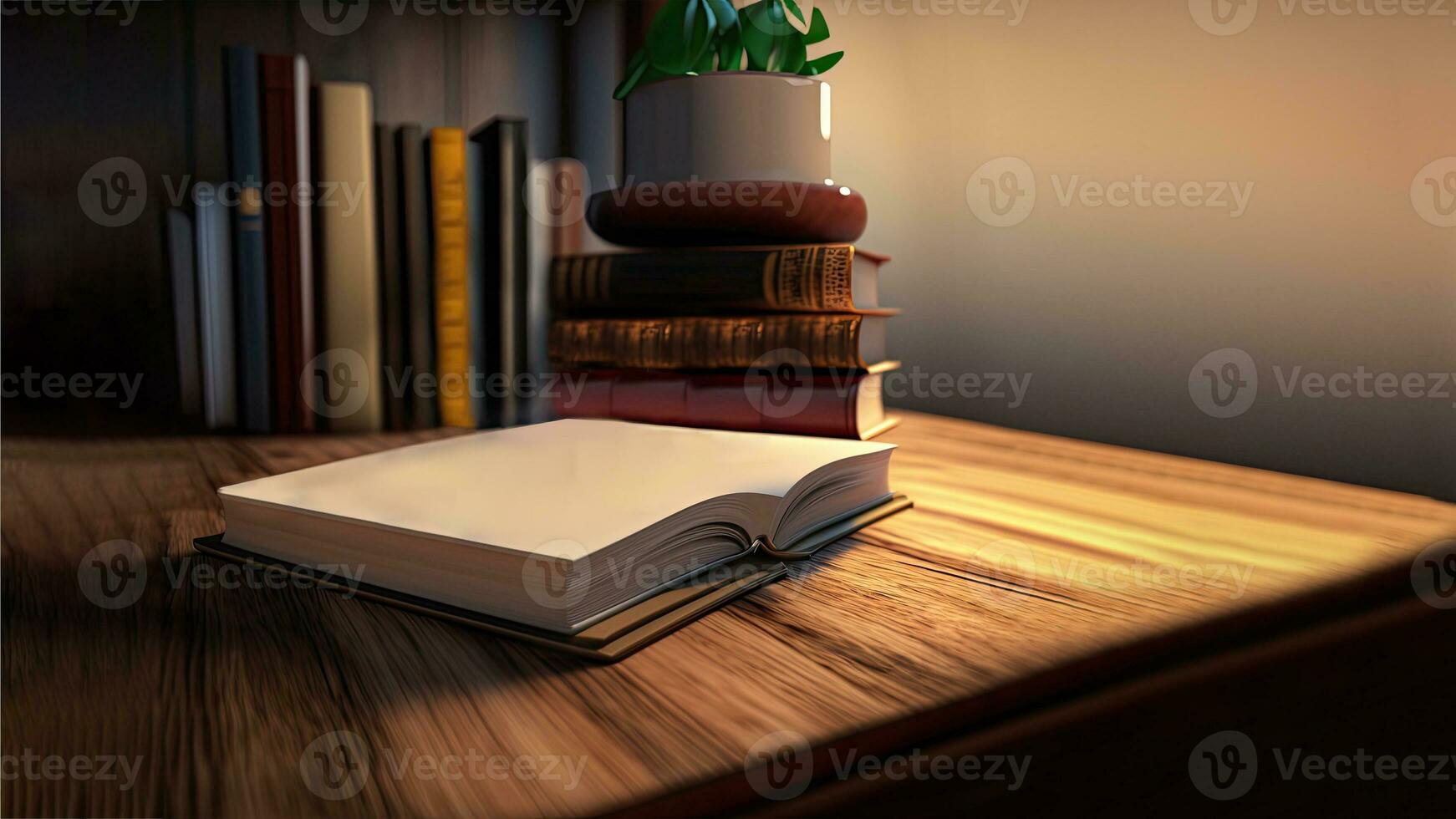 Closeup View Of Reading Books, Leaves Plant Pot On Wooden Desk  In Dark Background. 3D Render. photo